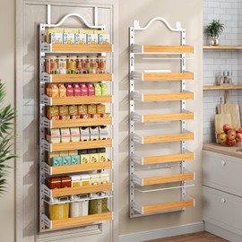 Freexployer 8-Tier Spice Rack Wall Mount, Heavy-Duty Over the Door Pantry Organizer with Wooden Adjustable Basket, 2 IN 1 Wall Mount or Hanging Pantry Door Organizer, Door Spice Rack for Home, White