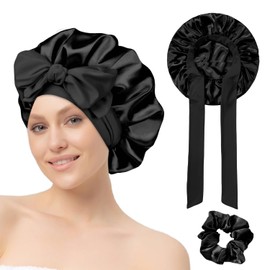 Seidenhaube zum Schlafen, Satinhaube mit Gummiband, Seidenhaube zum Schlafen mit Haargummi für Frauen und Mädchen mit langem, glattem und lockigem Haar (Schwarz)