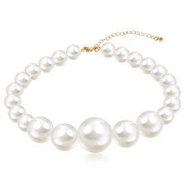 Women's White Pearl Necklace, Imitation Pearl Necklace, Women's Vintage Necklace, Jewellery Pearl Chain, Short Round Pearl Choker Chain, Large, White Pearl Necklaces, Adjustable for Women and Girls,