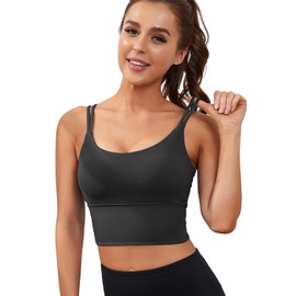Everrysea Womens Longline Sports Bra Padded Yoga Workout Crop Tank Tops Strappy Camisole Fitness Shirts Black