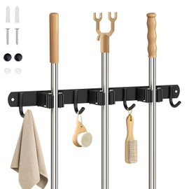 gvivej Stainless Steel Broom Holder, 3 Holders + 4 Hooks Broom Holder Wall, Mop Holder, Black Heavy Duty Tool Holder, for Home, Kitchen, Bathroom, Garage, Garden