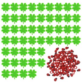 50 Wooden Lucky Beetles with 50 Lucky Clover Felt Accessories, Decorated with Shamrock Bugs Suitable for DIY Craft and Gift Party Decorations