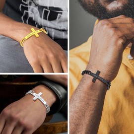 FindChic Chunky Bracelet with Cross for Men Stainless Steel Sideway Cross Charm Bracelets
