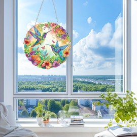 KEYIFA Diamond Painting Kit, DIY Hummingbirds Diamond Art, Birds Flowers Diamond Painting Hanging Sign Crystal Art Window Ornaments Home Garden Wall Door Hanging Decor, 20cm Width