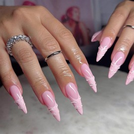 SINHOT Stiletto Press on Nails Long Fake Nails Pink Acrylic Nails Glossy Glue on Nails 3D Swirl Almond Artificial Nails Stick on French Tip False Nails with Design 24 pcs