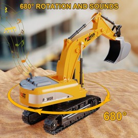 FUYLEY Remote Control Excavator Toy, 2.4GHz RC Excavator Toy for Boys Aged 3 4 5 6 7 8 Years, 1:24 Excavator Truck for Boys with Metal Shovel, Lights and Sound, 680° Rotation