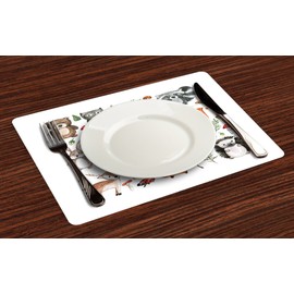 Printawe Cartoon Place Mats Set of 4, Owl Reindeer Beer Hedgehog Ladybug Rabbit Butterfly Walnut Theme, Washable Fabric Placemats for Dining Table, Standard Size, Multicolor