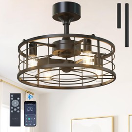 addlon 20" Black Caged Ceiling Fan with Lights, Fandelier Fan with Remote, 6 Speeds & Timer, Farmhouse Downrod Mount Bladeless Ceiling Fan for Bedroom, Kitchen, Outdoor