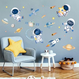 fufuquare Cartoon Space Theme Wall Sticker with Astronaut and Planet, Peel and Stick DIY Wall Sticker for Boys and Girls Bedroom, Children's Room, Playroom