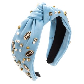 BEE&FLOWER Headband for Women Girls,Rhinestone Embellished Valentine's Day Headband Charm Knotted Headband Jeweled Wide Top Knot Fashion Headband for Women Girls Hair Accessories(Light Blue)