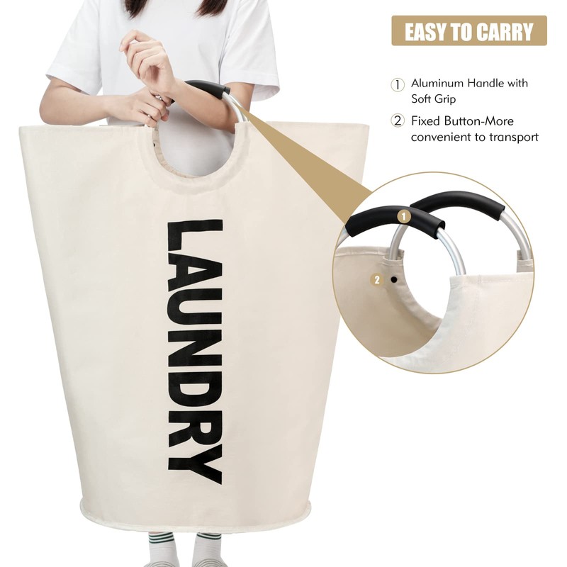 Maxsilan 125L X-Large Laundry Basket Bag, Collapsible Tall Hamper, Beige