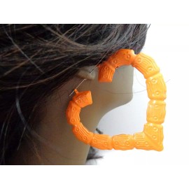 Unbranded LARGE BAMBOO HEART HOOP EARRINGS ORANGE HOOPS 3.5 INCH HOOPS RETRO