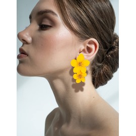 Flower Earrings for Women Dangle Drop Earrings Gold Boho Statement Earring Daisy Earrings Double Layer Flower Earrings for Wedding Party(A2:Yellow Flower Earrings)