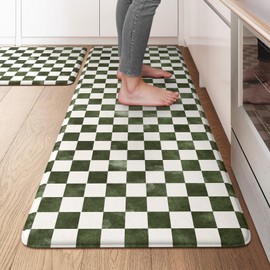 KIMODE Kitchen Mats for Floor Anti Fatigue, Green and White Checkered Kitchen Rugs Sets of 2, Cushioned Kitchen Floor Mats, Comfort Standing Mat for Sink Laundry Office Desk 20"x47"+20"x32"