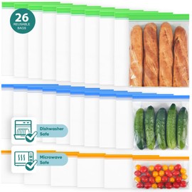Lerine 26 Pack Reusable Freezer Bags Dishwasher Microwave Safe, Leakproof Extra-Large Food Storage Bags, Silicone and BPA Free Food Storage Bags for Meal Prep (10 Gallon 10 Sandwich 6 Snack Bags)