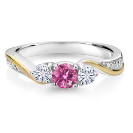 Gem Stone King 925 Silver and 10K Yellow Gold Pink Moissanite White Moissanite and Lab Grown Diamond 3 Stone Engagement Ring For Women (0.46 Cttw, Gemstone Birthstone, Available In Size 5, 6, 7, 8, 9)