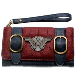 Wonder Woman Women's Classic Red Leather Tri-Fold Wallet with Detachable Strap and Buckle Closure
