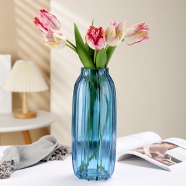 Blue Glass Vase for Flowers Bud Tall Glass Vases,H-12.0" Simple Striped Design for Home Floor Decor,Farmhouse Decor, Centerpiece Coffee Table Decorations (Blue 12.0IN)