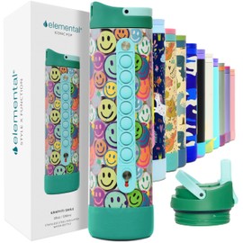 Elemental Iconic Kids Water Bottle with Straw Lid & Stress Reliever Pop It Handle, Leak-Proof When Closed, Triple Insulated Stainless Steel Reusable Thermos Water Bottle, 20oz - Graffiti Smile