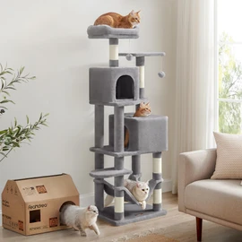 Feandrea Cat Tree, 61-Inch Cat Tower for Indoor Cats, Plush Multi-Level Cat Condo with 5 Scratching Posts, 2 Perches, 2 Caves, Hammock, 2 Pompoms, Light Gray UPCT192W01