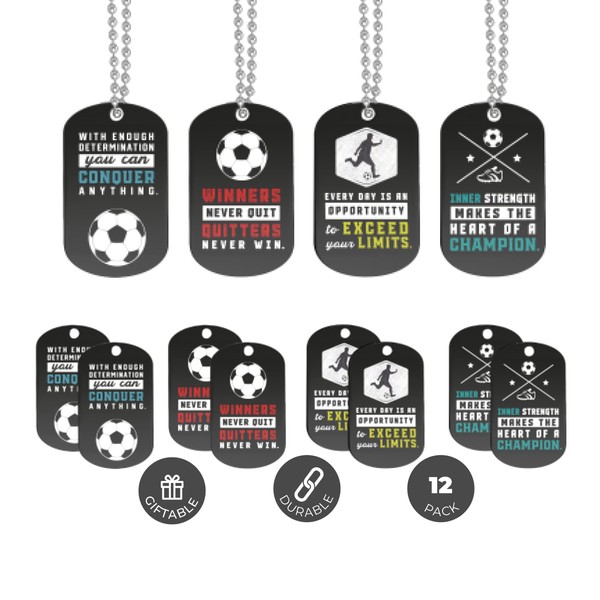 Inkstone (12-Pack) Soccer Motivational Dog Tag Necklaces - Wholesale Bulk Pack of 1 Dozen Necklaces - Party Favors Sports Gifts Uniform Supplies for Soccer Players Fans Team Members