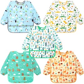 Accmor 5 Pack Long Sleeve Baby Bibs, Waterproof Sleeved Bib, Toddler Soft Bib for 6-24 Months