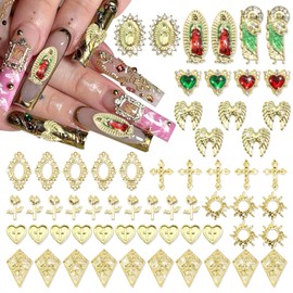 RODAKY 60PCS Gold Nail Charms Virgin Mary Nail Jewelry 3D Heart Nail Gems San Judas Metal Cross Charms for Nails Vintage Style Rose Flower Nail Decoration for Women Manicure Design