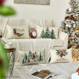 Artoid Mode Holly Pine Cones Reindeer Tree Christmas Cushion Covers Set of 4 30 x 50 cm Decorative Cushion Cover Living Room Outdoor Decoration