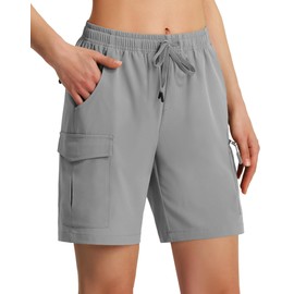 Ksmien Women's 7" Hiking Cargo Shorts Lightweight Quick Dry Ladies Summer Shorts with Zipper Pockets for Travel Golf Lightgrey