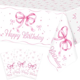 Windkream 3 Pcs Bow Tablecloth Coquette Birthday Decorations Table Cloth Bow Theme Party Disposable Rectangle Waterproof Plastic Table Covers for Wedding Baby Shower(Pink,87 x 51 Inches)
