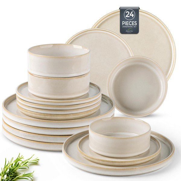AmorArc Ceramic Dinnerware Sets, Handmade Reactive Glaze Stoneware Plates and