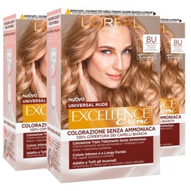 3 x L'Oréal Paris Excellence Cream Universal Nude Colouring Permanent Blonde Light Blonde 8U Triple Treatment - 3 Colours