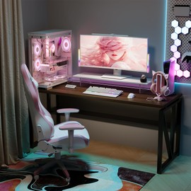 LITTLE TREE 55-Inch Executive Office Desk, Large Computer Desk with Storage Shelf, Executive Desk with Metal Frame, Thickened Desktop, Study Writing Desk Work Station for Home Office, Walnut Black