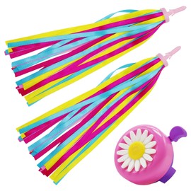 REBECASKYENS 2 Pack Girls Bike Tassels With 1 Pcs Bell Set, Loud Crisp Clear Sound,Flower Bicycle Bell,Rainbow Streamers for Children's Bike,Ribbons Kid's Scooter Tassels