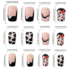 Press on Nails Medium Square Nails Red Love Heart Black Rhinestone Design French False Nails Artificial Acrylic Nails Natural Fit Fake Nails Full Cover Reusable Coffin Nails Glue on Nails for Women