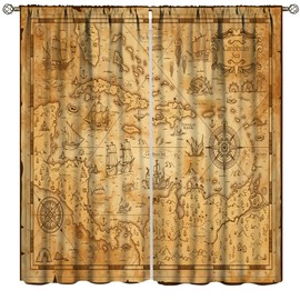 YungHo Nautical Island Map Curtain, Vintage Old Map Pirate Ship Blackout Window Treatment Ocean Ancient Pirate Treasure Map Shower Curtains Window Drapes 31.5" Wx63 L x2【Blackout】