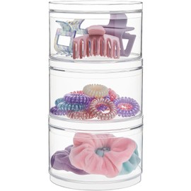 STORi Bella Contenedor de plástico transparente apilable (juego de 3) organizadores redondos de almacenamiento de cambiador con tapas para accesorios para el cabello y suministros de belleza, fabricado en Estados Unidos
