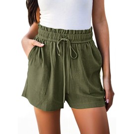Hody Lovy Linen Beach Vacation Shorts for Women Dressy Casual Summer Outfits High Waisted Lounge Comfy Wide Leg Loose, Olive L