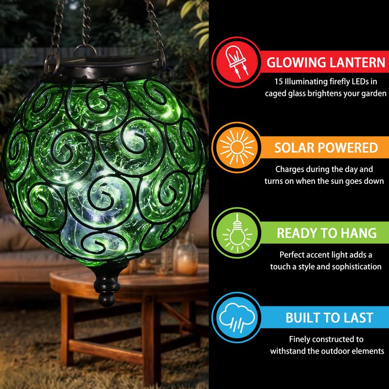 Naboher Solar Hanging Lantern Outdoor Garden Lights, Round Glass and