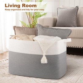 XXXL Large Blanket Basket, 108L Storage Basket, Cotton Rope Baskets for Living Room, Supre Large Toy Basket for Kids, Woven Basket for Clothes, Towels, Pillows, 25" x 16" x 16", Grey and White