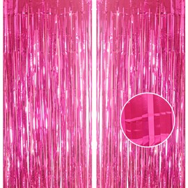 YAAVAAW 2pcs 3.2 x 8.3ft Glitter Hot Pink Foil Fringe Curtain Backdrop Tinsel Curtain Party Streamers Curtain Backdrop Decorations for Birthday School Graduation Hen Girls Party Decorations