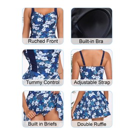 Halcurt Womens One Piece Swimsuit Ruched Tummy Control Swimdress Ruffle Bathing Suit Skirt with Hipster Navy White Floral S