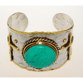 Bracelet - Turquoise and Silver Tone Cuff - Kikis Turquoise and Crosses