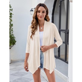 Uvog Womens Plus Size Cardigans Lightweight Open Front Cardigan Shrugs 3/4 Sleeve Kimono Jacket Cover Ups Beige 3XL