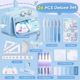 OPPZZIT Gel Pens Set, 23 Pieces Aesthetic Stationery Set with 1 Blue Pencil Case, 5 Gel Pens, 4 Highlighters, 6 Correction Tapes, School Supplies & Gift for Girls, Students, Boys
