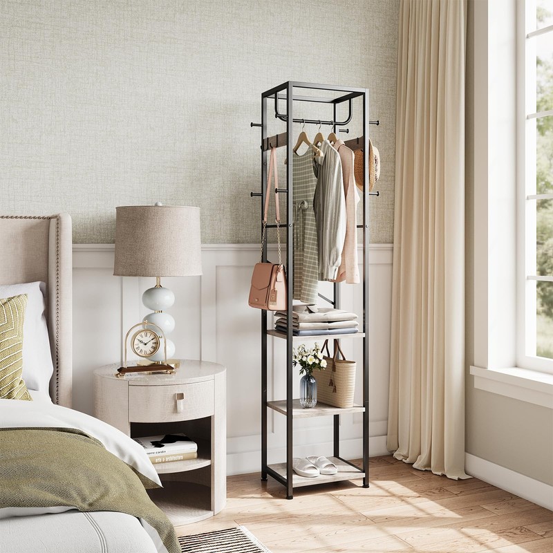 ELYKEN Coat Rack Freestanding, Hall Tree with 3 Storage Shelves