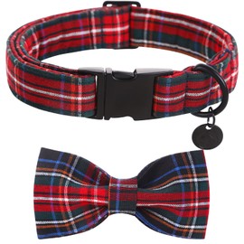 DOGWONG Red Dog Collar with Bow Tie - Red Checked Comfortable Cotton Christmas Dog Collar with Removable Bow Tie for Small Large Medium Dog