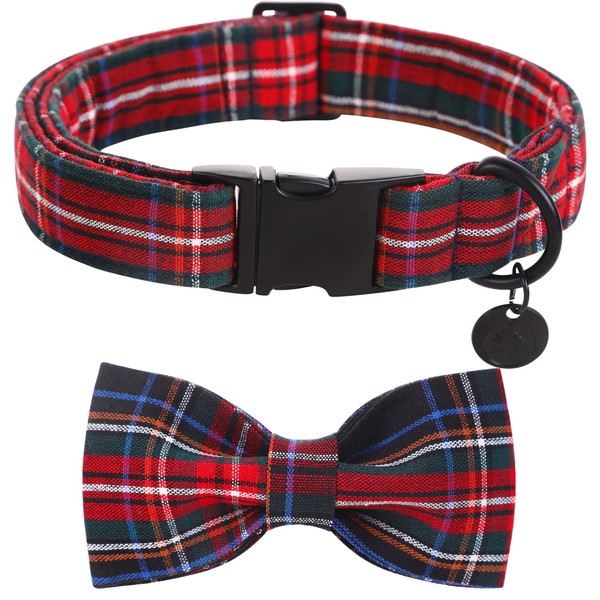 DOGWONG Red Dog Collar with Bow Tie - Red Checked