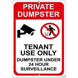 Street Sign Warning Plaque Metal Tin Rustic Post Private Dumpster Tenant Use Dumpster 24 Hour Surveillance Metal Aluminum for Wall Art 8x12 Inch Office Signs Outdoor & Indoor Sign