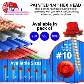 EAGLE 1 Metal Roofing Screws #10 - Painted Hex Head Self-Tapping Screws with EDPM Rubber Washer for Metal to Wood, Vinyl, Small Sheet Metal - Free Magnetic Driver (Bright Red, 1 Inch, 250)